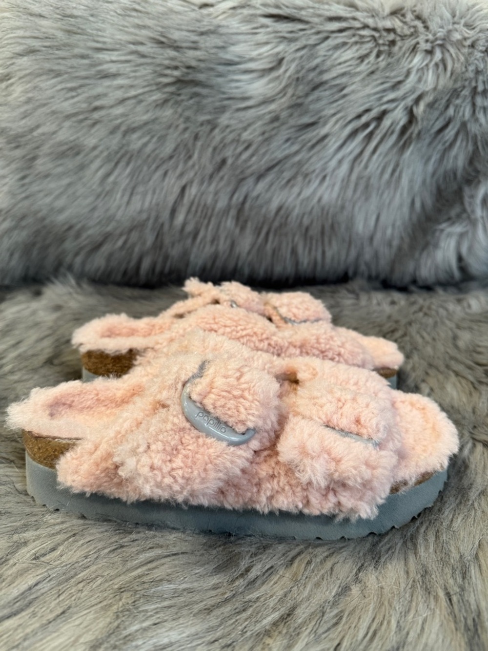 Papillio Pink Fuzzy Double Buckle Slide Sandals